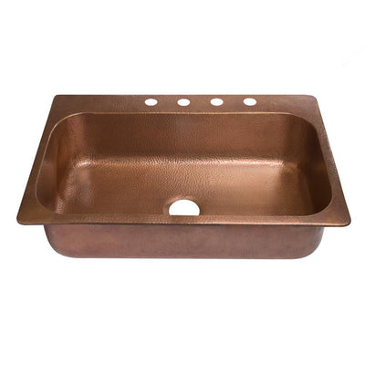 Angelico Drop-In Handmade Copper 33 in. 4-Hole Single Bowl Copper Kitchen Sink in Antique Copper - Super Arbor