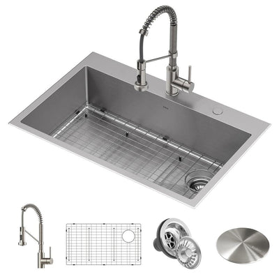 Loften All-in-One Dual Mount Stainless Steel 33in. Single Bowl Kitchen Sink with Pull Down Faucet in Spot Free Stainless - Super Arbor