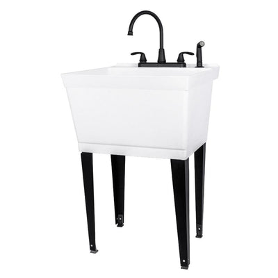 Complete 22.875 in. x 23.5 in. White 19 Gal. Utility Sink Set with Black Metal Hybrid Faucet and Side Sprayer - Super Arbor