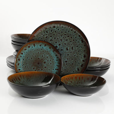 Kyoto 16-Piece Asian Inspired Teal reactive glaze with black and bronze accents Stoneware Dinnerware Set (Service for 4) - Super Arbor