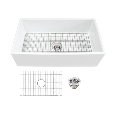 Farmhouse Apron Front Fireclay 33 in. Single Bowl Kitchen Sink in White with Grid and Strainer - Super Arbor