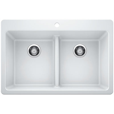 Glacier Bay Drop-in/Undermount Granite Composite 33 in. 1-Hole 50/50 Double Bowl Kitchen Sink with Low Divide White - Super Arbor