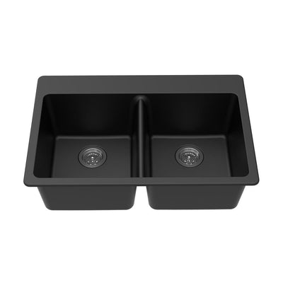 Dual Mount Granite Composite 33 in. L x 22 in. L x 9.5 in. 0-5 Faucet Holes Double Equal Bowl Kitchen Sink in Black - Super Arbor