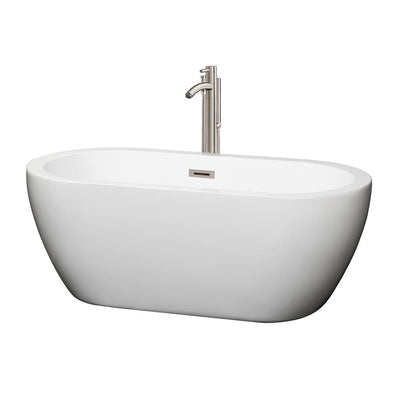 Soho 59.75 in. Acrylic Flatbottom Center Drain Soaking Tub in White with Floor Mounted Faucet in Brushed Nickel - Super Arbor