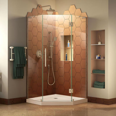 Prism Plus 42 in. x 42 in. x 74.75 in. Semi-Frameless Neo-Angle Hinged Shower Enclosure in Brushed Nickel with Base - Super Arbor