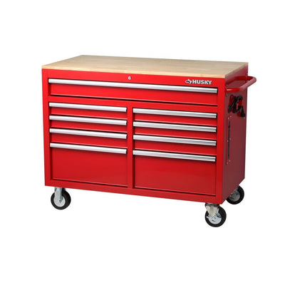 46 in. W 9-Drawer, Deep Tool Chest Mobile Workbench in Gloss Red with Hardwood Top