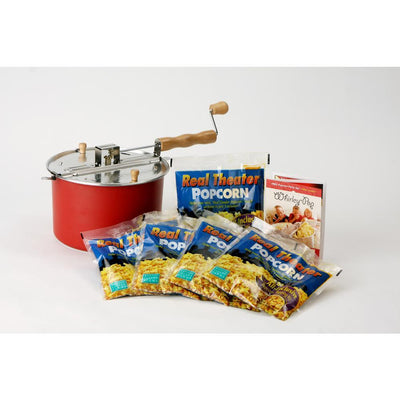 6-Piece Aluminum Red Stovetop Popcorn Set with Real Theater All-Inclusive Popping Kit (5-Pack) - Super Arbor