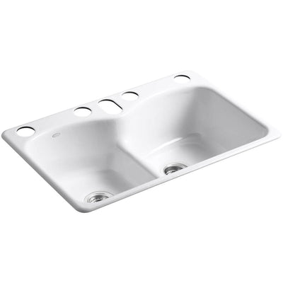 Langlade Smart Divide Undermount Cast Iron 33 in. 6-Hole Double Bowl Kitchen Sink in White - Super Arbor