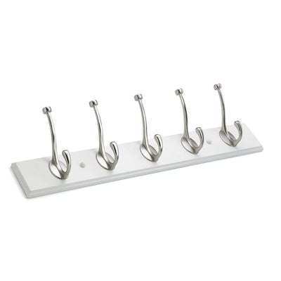 25-5/8 in. L White 5 lb. Hook Rack with 5 Brushed Nickel Double Hooks - Super Arbor