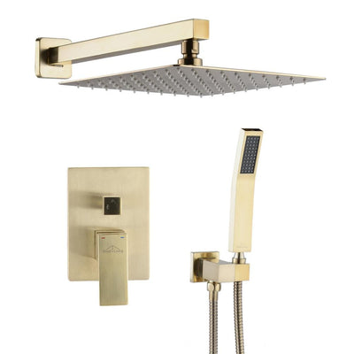 Shower System Wall Mounted with 10 in. Square Rainfall Shower head and Handheld Shower Head Set, Brushed Gold - Super Arbor