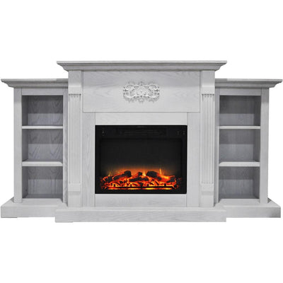 Sanoma 72 in. Electric Fireplace in White with Built-in Bookshelves and an Enhanced Log Display - Super Arbor