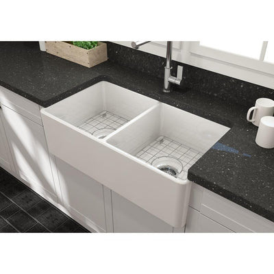 Farmhouse Apron-Front Fireclay 33 in. Double Bowl Kitchen Sink in White with Grid Set - Super Arbor