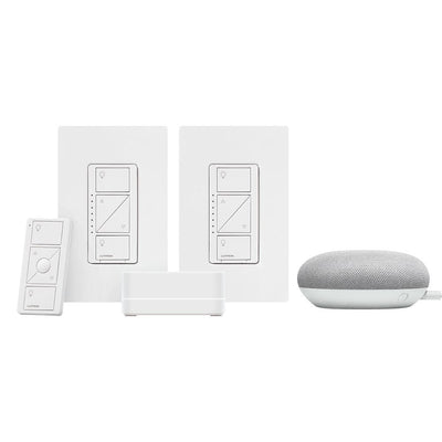 Caseta Wireless Smart Lighting Start Kit with Pico Remote and 2-Dimmer Switches and Google Home Mini, Chalk - Super Arbor