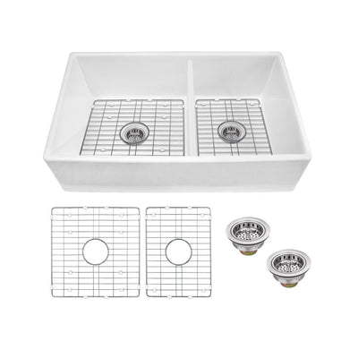 Farmhouse Apron Front Fireclay 33 in. 60/40 Double Bowl Kitchen Sink in White with Grids and Strainers - Super Arbor