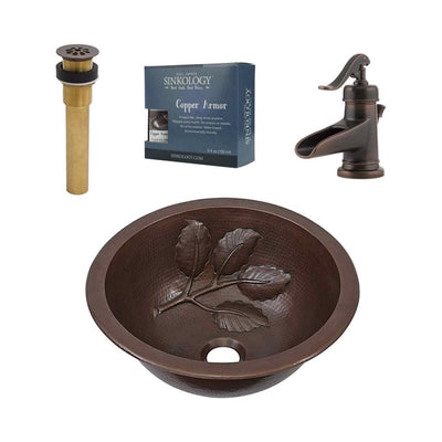 SINKOLOGY Newton All-In-One 14 in. Dual Mount Copper Bathroom Sink with Pfister Centerset Rustic Bronze Faucet and Drain - Super Arbor