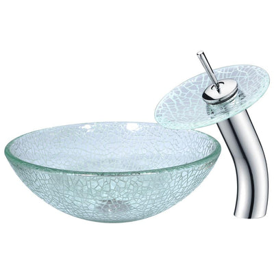 Paeva Deco-Glass Vessel Sink in Crystal Clear Chipasi with Matching Chrome Waterfall Faucet - Super Arbor