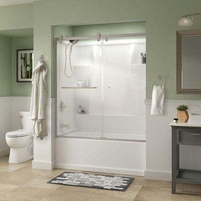 Simplicity 60 x 58-3/4 in. Frameless Contemporary Sliding Bathtub Door in Nickel with Niebla Glass - Super Arbor