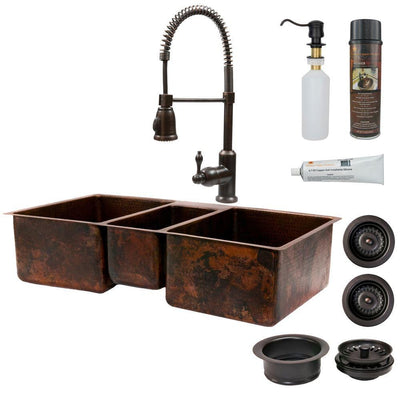 All-in-One Dual Mount Copper 42 in. 0-Hole Triple Basin Kitchen Sink in Oil Rubbed Bronze - Super Arbor