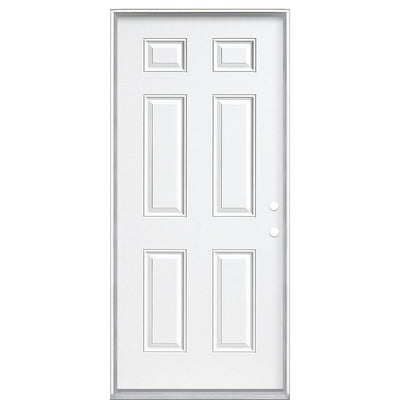 36 in. x 80 in. 6-Panel Left Hand Inswing Primed White Steel Prehung Front Exterior Door with Vinyl Frame - Super Arbor