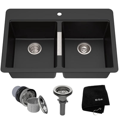 Drop-in/Undermount Granite Composite 33 in. 1-Hole 50/50 Double Basin Kitchen Sink Kit in Black Onyx - Super Arbor