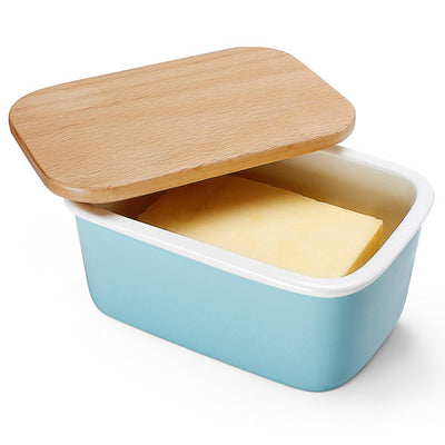 Large Butter Dish with Beech Wooden Lid - Turquoise, Set of 1 - Super Arbor