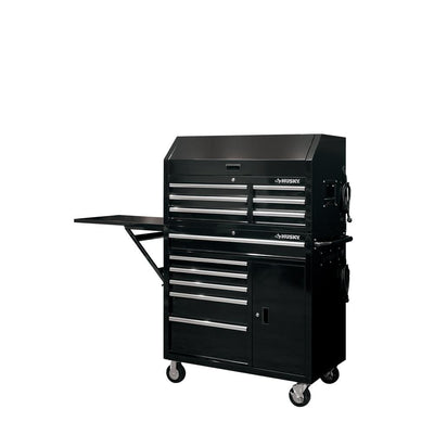 41 in. W 12-Drawer Deep Combination Tool Chest and Rolling Cabinet Set in Gloss Black with Side Table