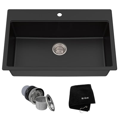 Drop-in/Undermount Granite Composite 31 in. 1-Hole Single Basin Kitchen Sink Kit in Black Onyx - Super Arbor
