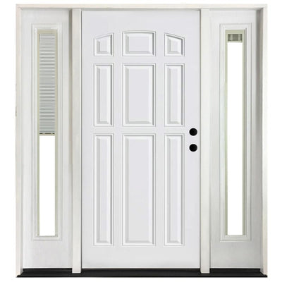 68 in. x 80 in. 9 Panel Primed White Right-Hand Steel Prehung Front Door with 14 in. Mini Blind Sidelites 6 in. Wall - Super Arbor
