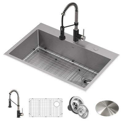 Loften All-in-One Dual Mount Stainless Steel 33in. Single Bowl Kitchen Sink with Pull Down Faucet in Black and Steel - Super Arbor