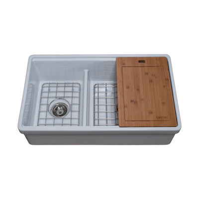 Tosca Farmhouse Fireclay 33 in. 60/40 Double Bowl Kitchen Sink in White with Cutting-Board, Bottom Grid and Strainer - Super Arbor