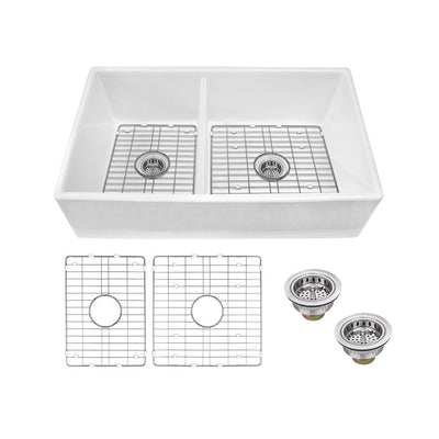 Farmhouse Apron Front Fireclay 33 in. 40/60 Double Bowl Kitchen Sink in White with Grids and Strainers - Super Arbor