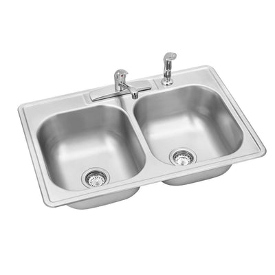 Swift Install All-in-One Drop-In Stainless Steel 33 in. 4-Hole Double Bowl Kitchen Sink Kit - Super Arbor