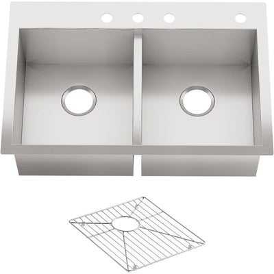 Vault Dual Mount Stainless Steel 33 in. 4-Hole Double Bowl Kitchen Sink with Basin Rack - Super Arbor