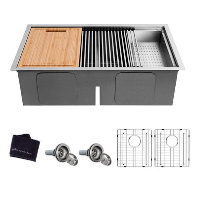 All-in-One Undermount Stainless Steel 33 in. 50/50 Double Bowl Kitchen Workstation Sink with Accessory Kit - Super Arbor
