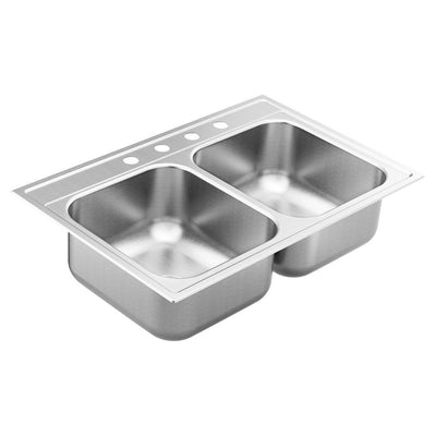1800 Series Stainless Steel 33 in. 4-Hole Double Bowl Drop-In Kitchen Sink with 8 in. Depth - Super Arbor