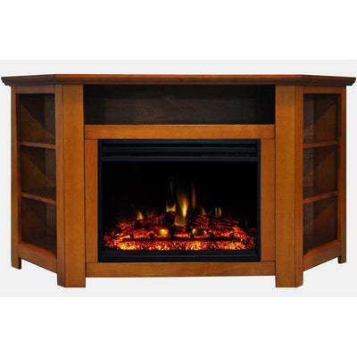 Stratford 56 in. Corner Electric Fireplace Heater TV Stand in Teak with Enhanced Log Display and Remote - Super Arbor