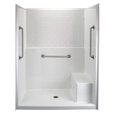 Classic 60 in. x 35 in. x 81 in. 1-Piece Subway Tile Shower Stall in White, RHS Molded Seat, Grab Bars, Center Drain - Super Arbor