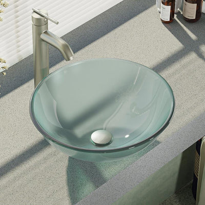 Rene Glass Vessel Sink in Frosted with R9-7001 Faucet and Pop-Up Drain in Brushed Nickel - Super Arbor