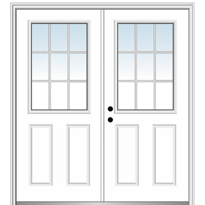 72 in. x 80 in. White Internal Grilles Right-Hand Inswing 1/2-Lite Clear Glass 2-Panel Primed Steel Prehung Front Door - Super Arbor