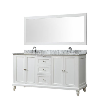 Classic 70 in. Bath Vanity in White with Carrara Marble Vanity Top with White Basins and 1 Large Mirror - Super Arbor
