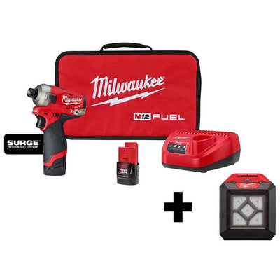 M12 FUEL SURGE 12-Volt Lithium-Ion Brushless Cordless 1/4 in. Hex Impact Driver Compact Kit with Free M12 Flood Light - Super Arbor