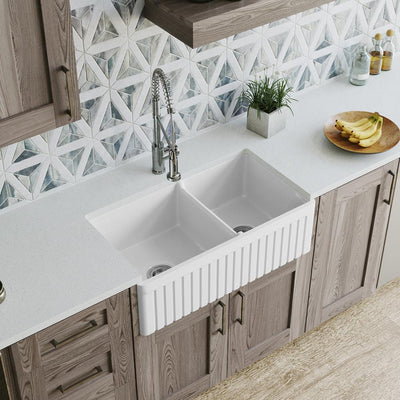 Farmhouse Apron Front Fireclay 33 in. 60/40 Double Bowl Kitchen Sink - Super Arbor