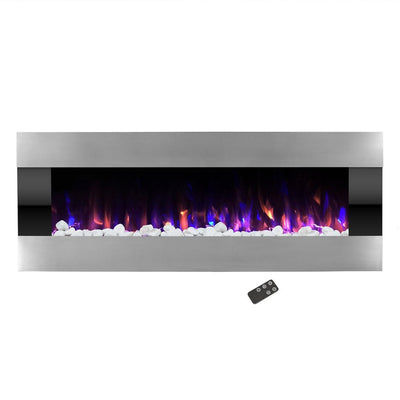 54 in. Stainless Steel Electric Fireplace with Wall Mount and Remote in Silver - Super Arbor