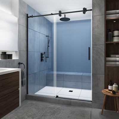 Langham XL 44 in. - 48 in. x 80 in. Frameless Sliding Shower Door with StarCast Clear Glass in Matte Black, Right Hand - Super Arbor