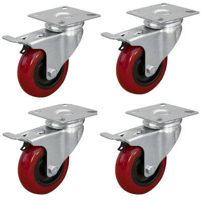 3 in. Dia Swivel Double Lock Polyurethane Plate Casters in Red (4-Pack) - Super Arbor