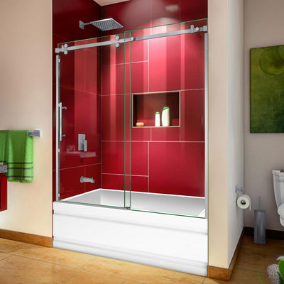 Enigma Sky 56 to 60 in. W x 62 in. H Frameless Sliding Tub Door in Brushed Stainless Steel - Super Arbor