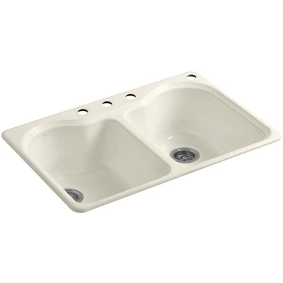 Hartland Drop-In Cast Iron 33 in. 4-Hole Double Bowl Kitchen Sink in Biscuit - Super Arbor