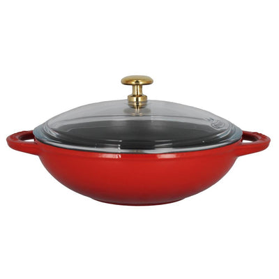7 in. Red French Enameled Cast Iron Wok with Glass Lid - Super Arbor