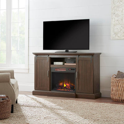 Chastain 56 in. Freestanding Media Console Electric Fireplace TV Stand with Sliding Barn Door in Rustic Walnut - Super Arbor