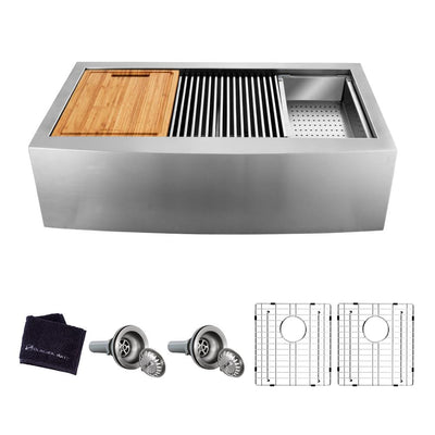 All-in-One Apron-Front Farmhouse Stainless Steel 33 in. 50/50 Double Bowl Workstation Sink with Accessory Kit - Super Arbor